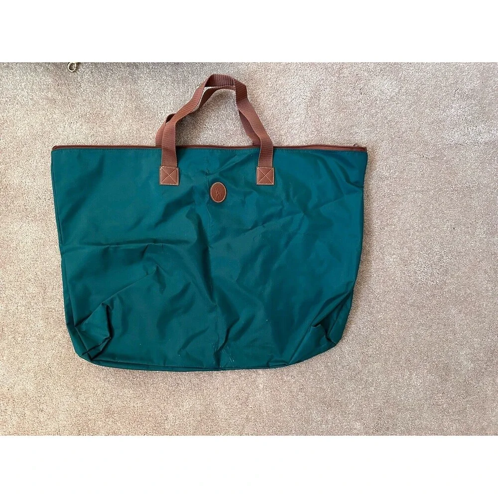 Vintage 90s Polo Ralph Lauren Large Green Nylon Travel Tote Bag Zippered